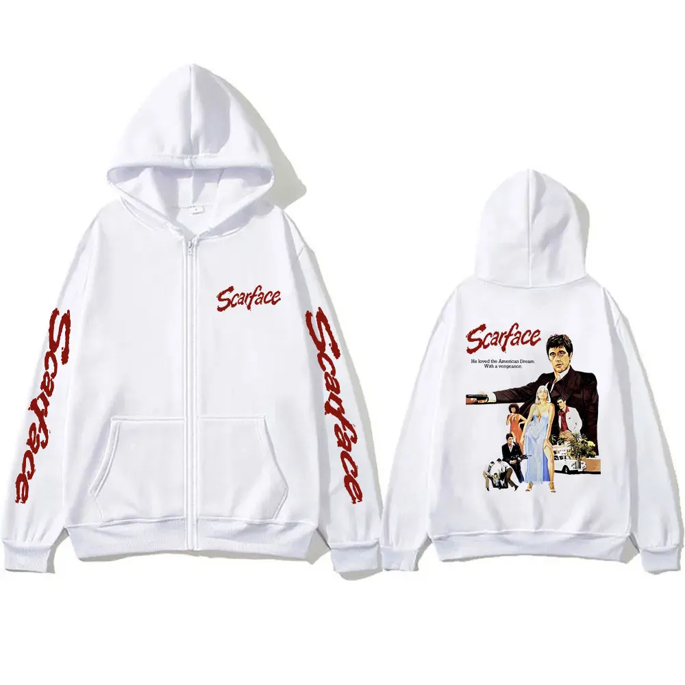 90s Vintage Movie Scarface Tony Montana Zipper Hoodie Al Pacino Print Hoodies Men Women Hip Hop Casual Oversized Zip Up Jacket