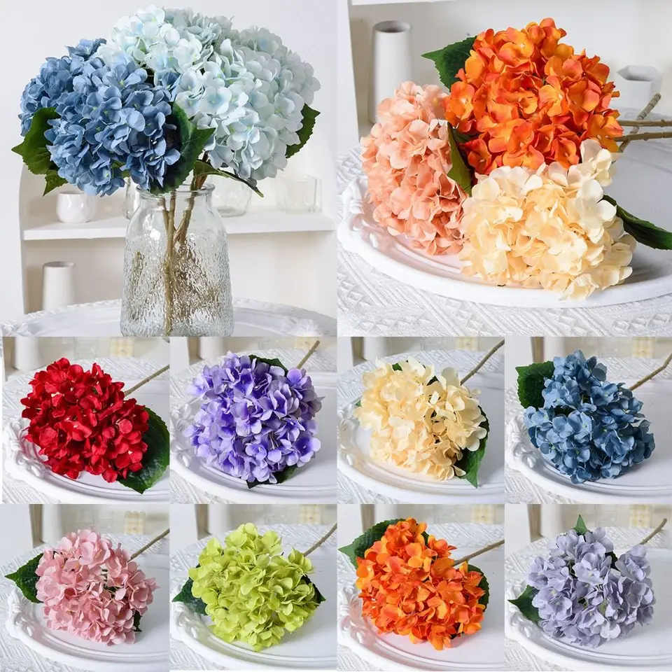 Ramo de flores de 45CM, hortensia Artificial azul con hojas, decoración  colorida realista para el hogar - AliExpress, image size:960x960