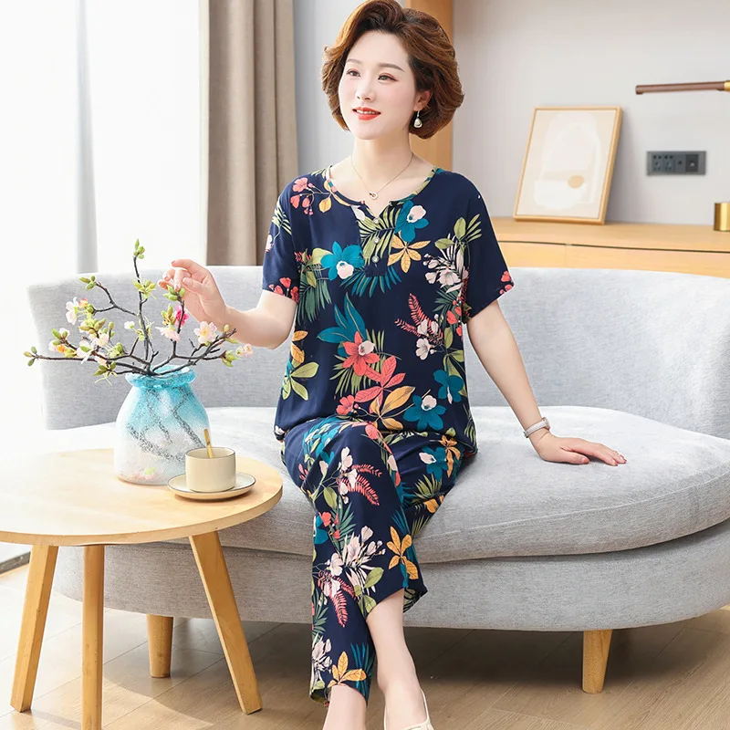 Middle-Aged and Elderly women pajamas set cotton pajamas set Summer Short Sleeve Trousers Set Cotton Rayon Mom Ladies Loungewear