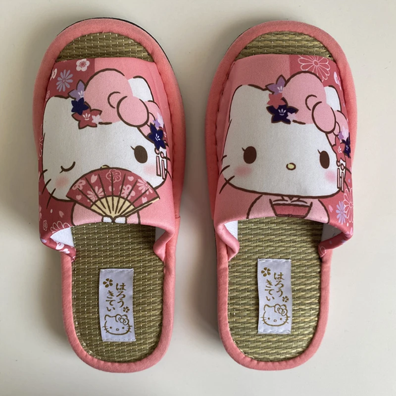 

Cute Hellokittyed Four Seasons Women's Slippers Sanrio Kuromi Anime Cartoon Rush Flop Kawaii Non-Slip Cotton Linen Sandals