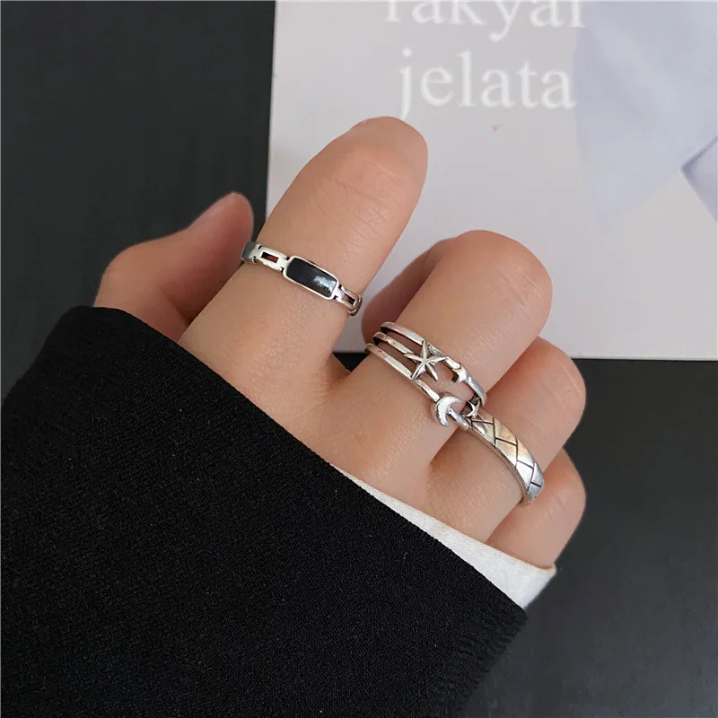 Punk Gothic Heart Ring Set for Women Black Dice Vintage Spades Ace Silver Plated Retro Rhinestone Charm Billiards Finger Jewelry 