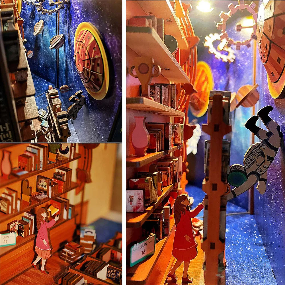 DIY Wooden Book Nook 3D Puzzles Dollhouse Bookend Bookshelf Insert Diorama Interstellar Light Up Doll Houses Booknook Kits Gifts