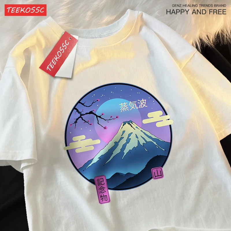 Japanese Harajuku Sakura Mount Fuji Male T-Shirt Loose Tee Clothes Summer Hip Hop Cotton Tshirt Casual Crewneck Oversized Tops