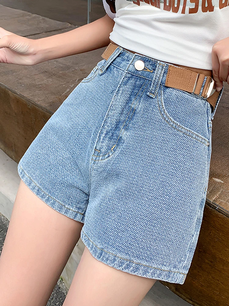 

FTLZZ New Summer Women Fashion High Waist Denim Shorts Lady Casual Vintage Solid Color Wide Leg Straight Jean Shorts