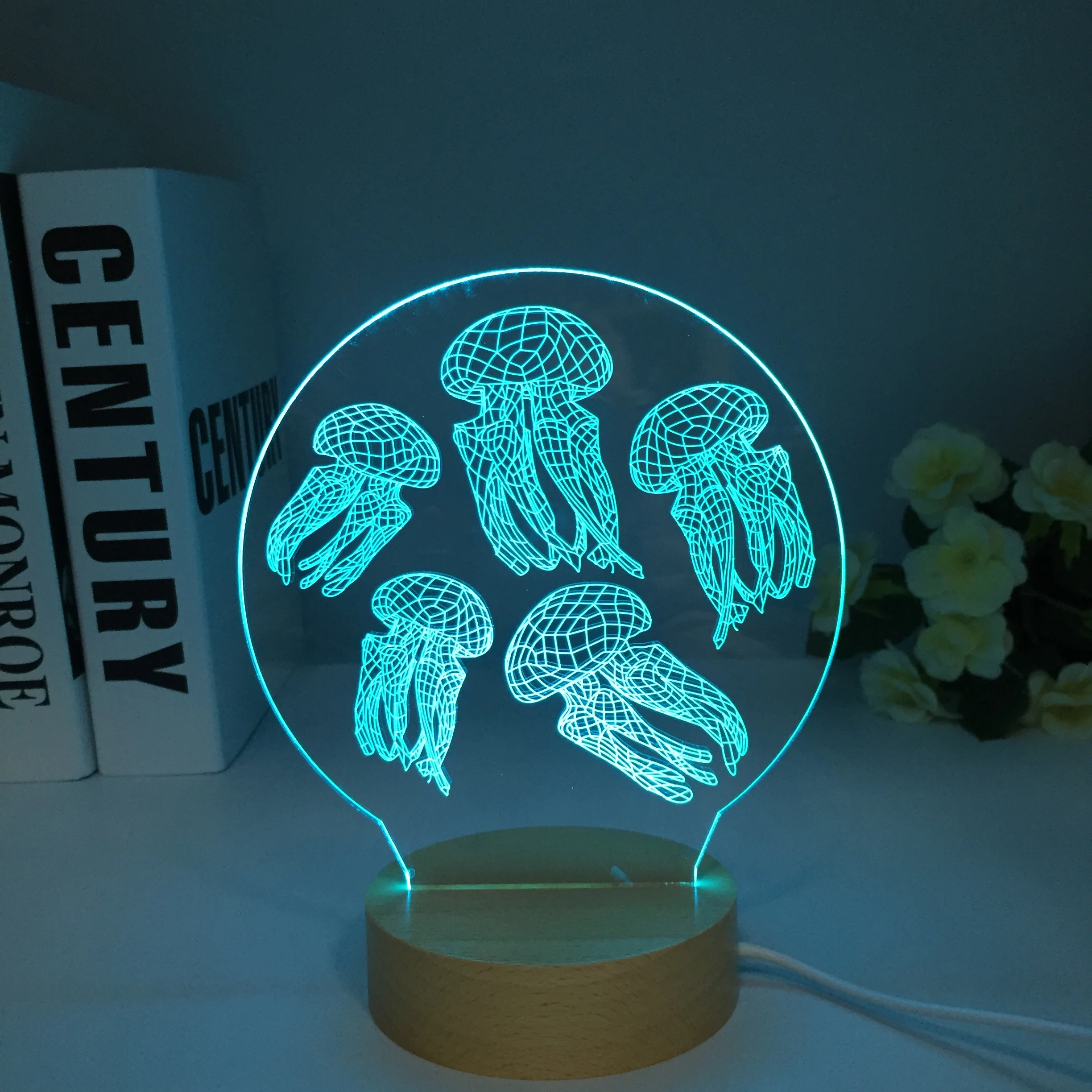 

Jellyfish Wooden 3D Optical LED Illusion Lamp 7 Color Acrylic Illusion Hologram Table Desk Lamp Home Office Art Decoration Light