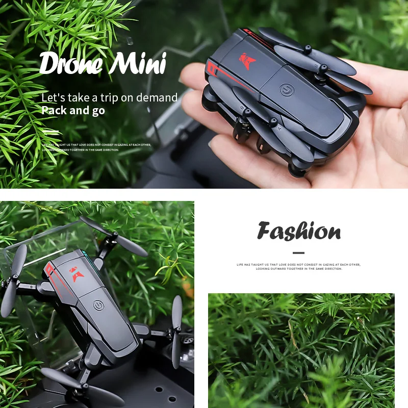 Drone selfie de poche tenu dans une main, montrant sa taille ultra légère et pliable.