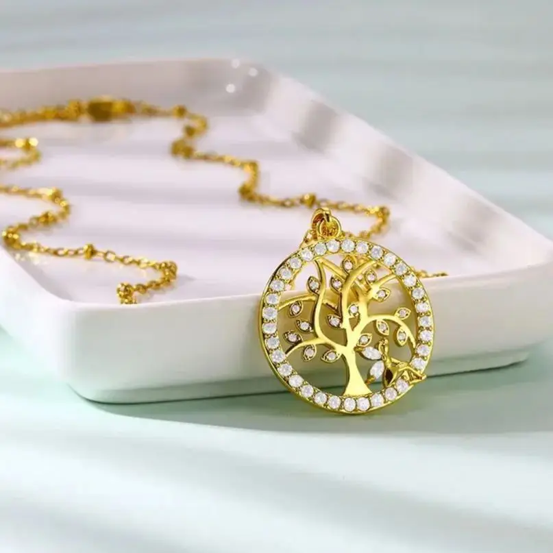 Zircon Round Pendant Stainless Steel Necklace Gold Color for Women