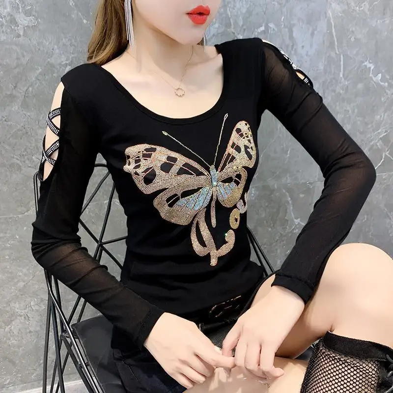 بلوزة نسائية أنيقة بأكمام طويلة شبكية لربيع وخريف