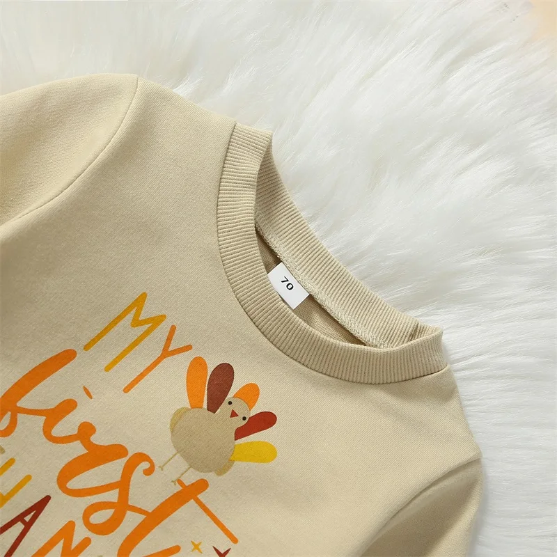 Baby 2 Pieces Thanksgiving Outfit Cute Letter Turkey Print Long Sleeve Sweatshirt Pullover and Pants Set for Infant Fall Clothes