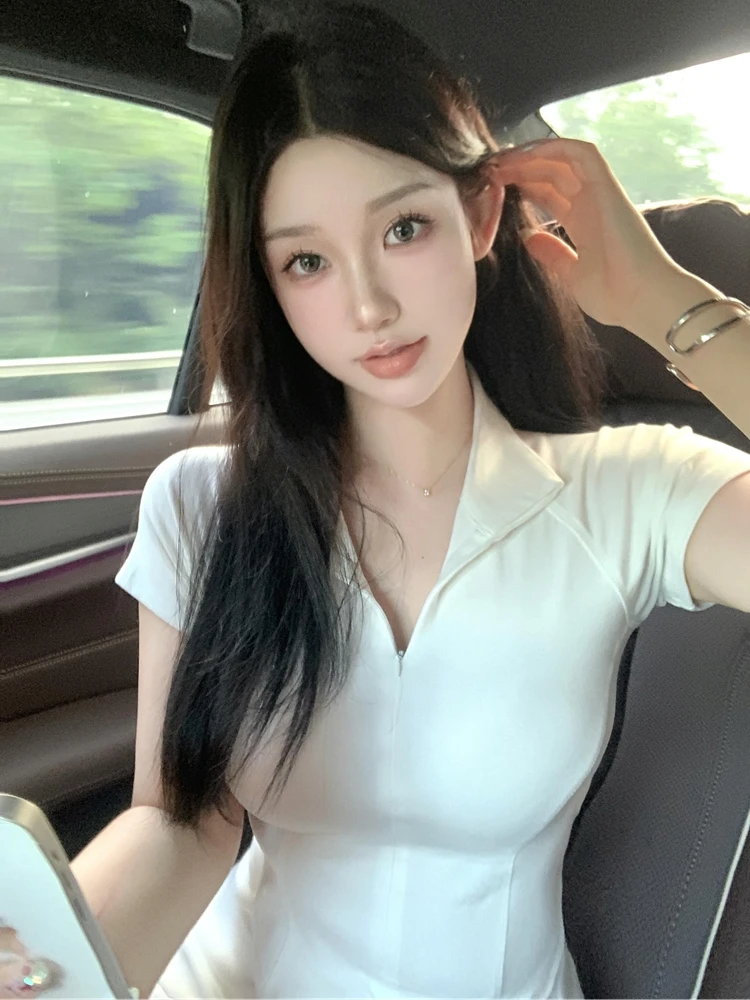 캐주얼 스포티 한 투피스 세트 여성 여름 새로운 꽉 폴로 티셔츠 반팔 탑 하이 웨이스트 a 라인 미니 드레스