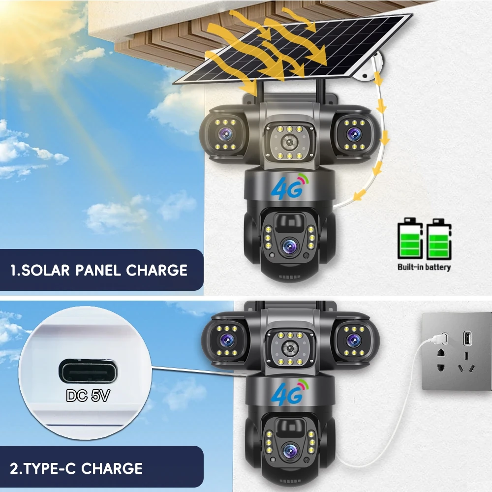 Solar Camera With 4G SIM 15MP HD Outdoor 3 Lens 3 Screen 10X Zoom PIR Human Detect Cameras Night Vision CCTV Security Protection 4