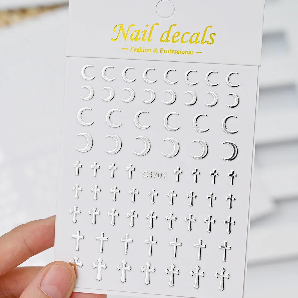 Nail Stickers 6 Sheets Metal Silver Metallic 3D Star Self-Adhesive Art Metal Chain Heart