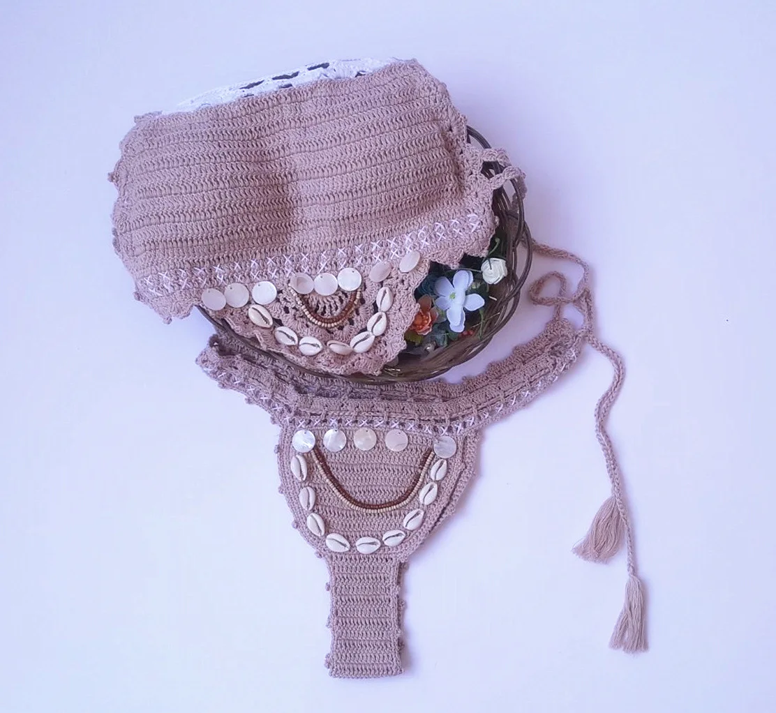 Hand-crocheted Sexy Little Girl Beach Casual Vacation Creative Shell Metal Sequin Embellished Split Body Bikini Set