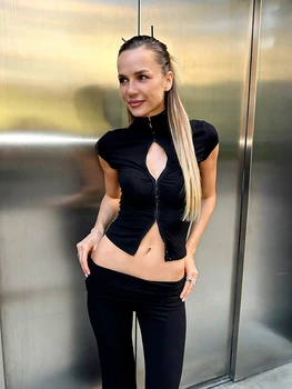 Kliou Single-Breasted Hollow Design T-Shorts Woman Summer Trend Stand Collar Mini Sleeve High Street Fashion Style Classic Tops 1