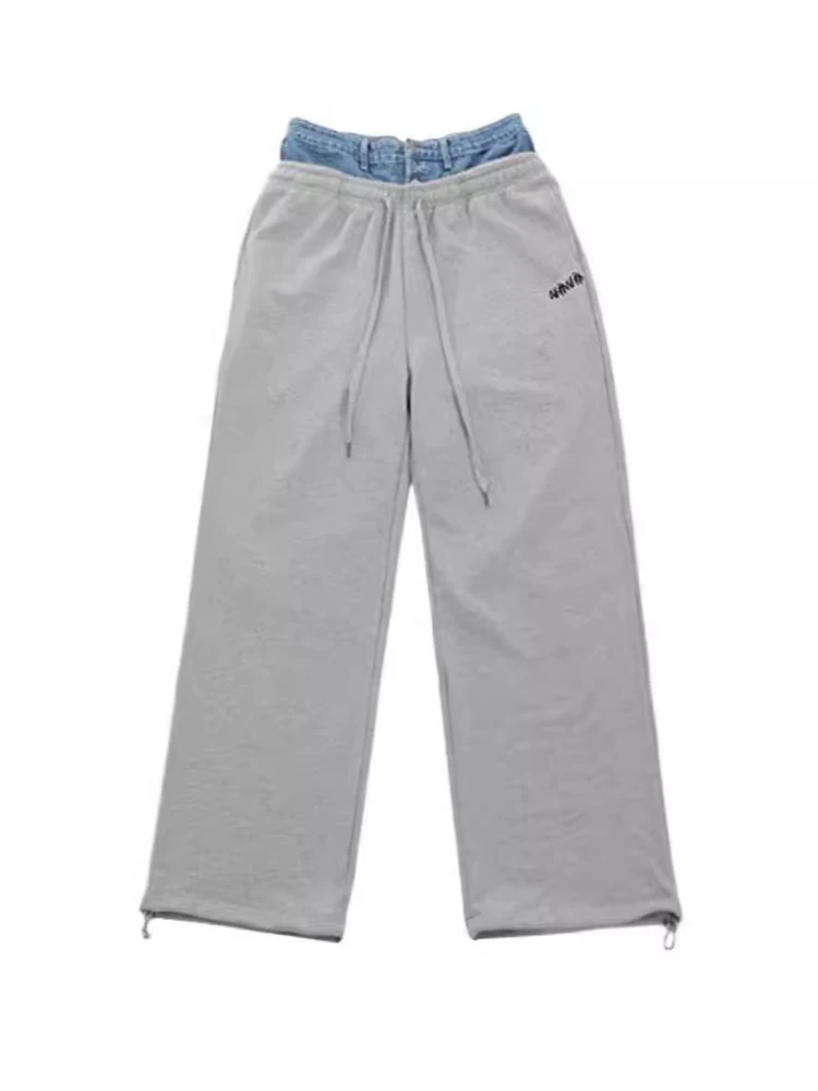 HOUZHOU Hip Hop Grey Sweatpants Women Sports Pants Button Jean Elastic Waist Pants Loose Trousers Y2K Casual Sportwear Joggers