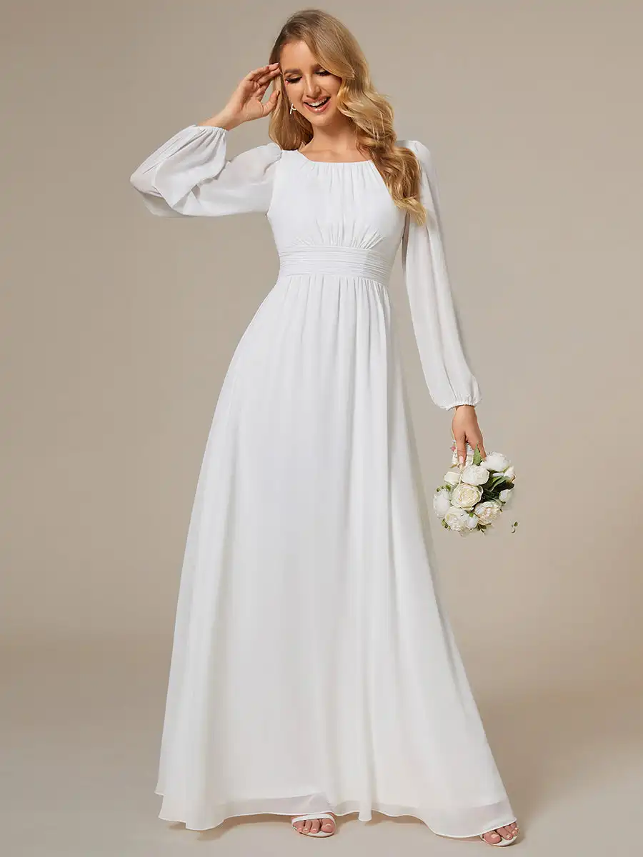 Elegant Evening Dresses Long A LINE Full Sleeve O-Neck Chiffon Floor-Length Gown 2024 Ever Pretty of White Prom Women Dress