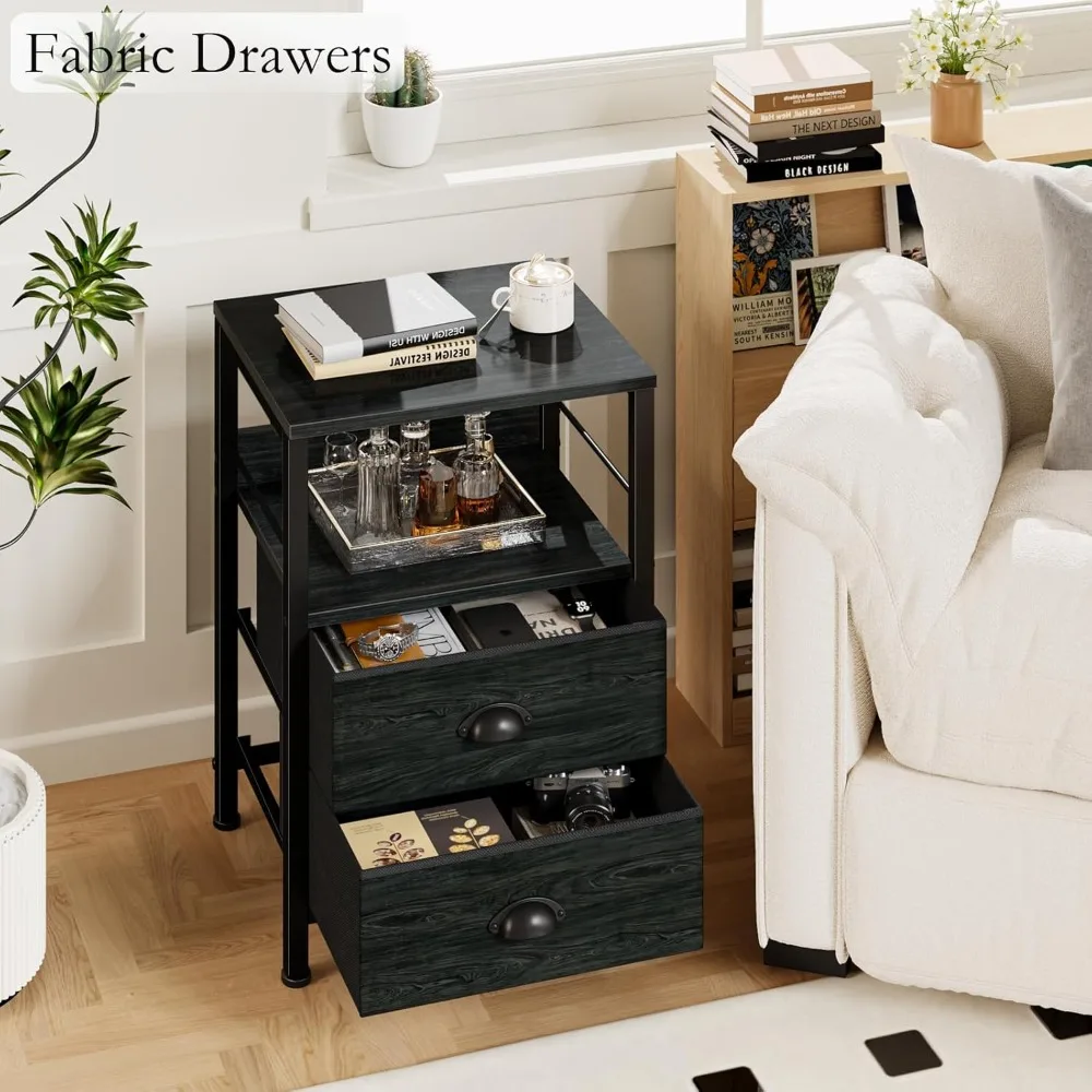 Nightstands Set 2, End Tables with 2 Fabric Drawers, Bedside Tables with Hooks and Shelf, Nightstand 2