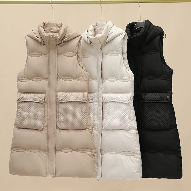 

2023 New Winter Cotton Vest Women Warm Coat Hooded Zipper Sleeveless Jacket Overcoat Loose Big Pocket Waistcoat Vest Coat