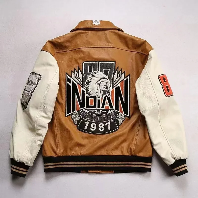 

Men Super Large Size Genuine Leather Jacket American Air Force Flight Vintage Navajo Embroidery Baseball Coat