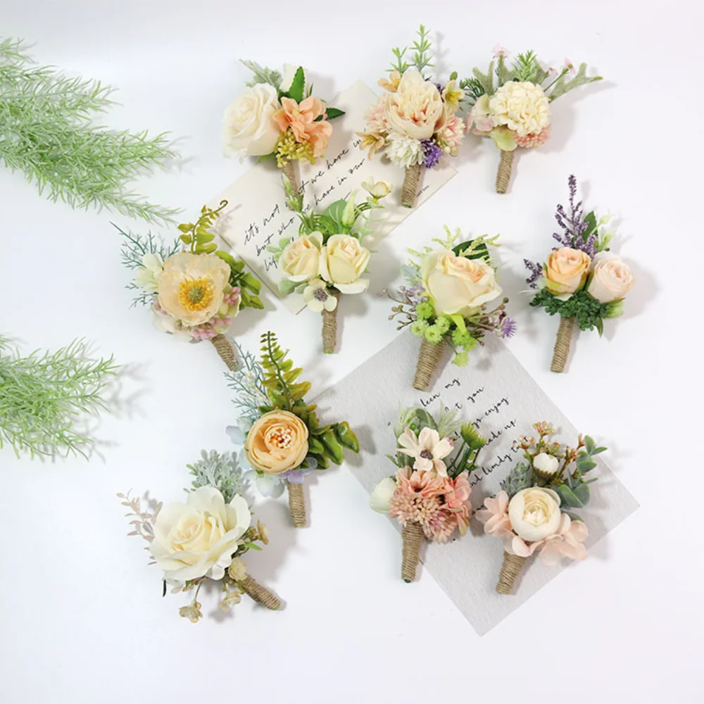

Handmade Fake Flowers Wedding Boutonnieres for Men Suits Pins Champagne Silk Rose Wedding Corsage Braceletboutonniere mariage
