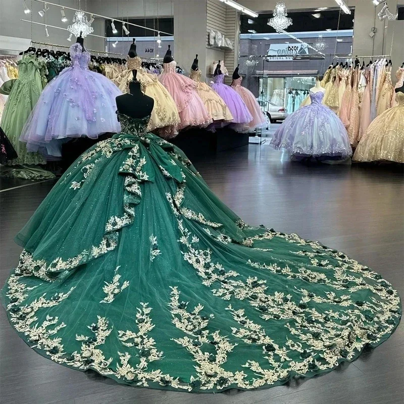 

Роскошное зеленое бальное платье, платья для Quinceanera, золотые кружевные аппликации, 3D Цветы, корсет, платья для 15 лет, Золушка, вечеринка в честь Дня Рождения