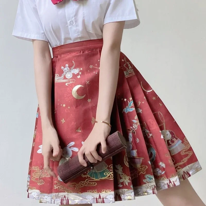 2024 Spring Summer New Fashion Printing High Waist Strap A-line Skirt Women High Street Chinese Style Loose Casual Pleated Skirt