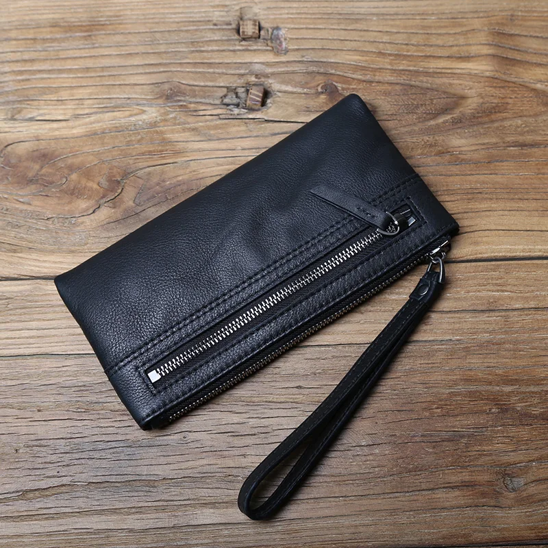 NZPJ Genuine Leather Men's Clutch Top Layer Cowhide Long Zipper Wallet Soft Leather Women's Wallet Large Capacity Thin Phone Bag