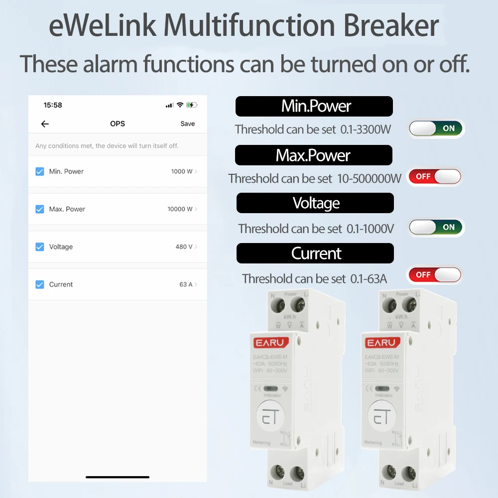 Tuya eWeLink WiFi Smart Circuit Breaker MCB 1P 63A Power Energy kWh Voltage Curr