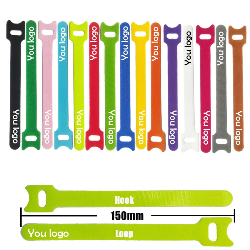100PCS/LOT 150mm Customized LOGO nylon Reverse buckle  hook loop fastener cable ties strap sticky Line finishing print your logo