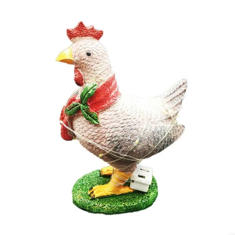 F68D Glowing Chicken with Scarf Christmas Ornaments Resin Animal Statues Decoration