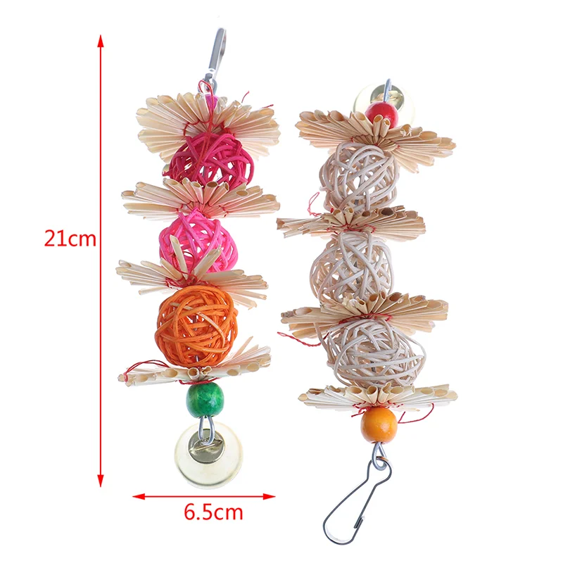 1PC Colorful Parrot Chew Strands Bite Teeth Griiding Ball Bell Attractive Bird Parakeet Natural Straw Flower Rattan Ball Toy