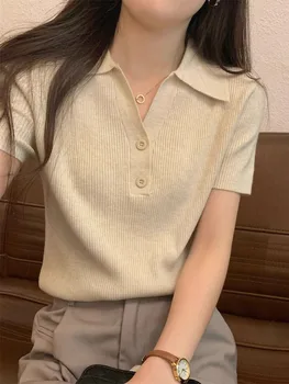 Summer 2026 New  Collar Pure Desire Small irt Button High-End Design Sensation Ele ort Sve Ice Silk Knitted Top 1