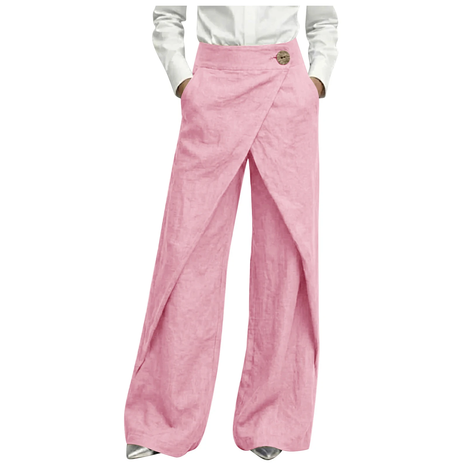 Womens Linen Wrap Wide Leg Pants High Waist Button Decor Asymmetrical Overlap Trousers Casual Loose Fit Office Lady Work Pants