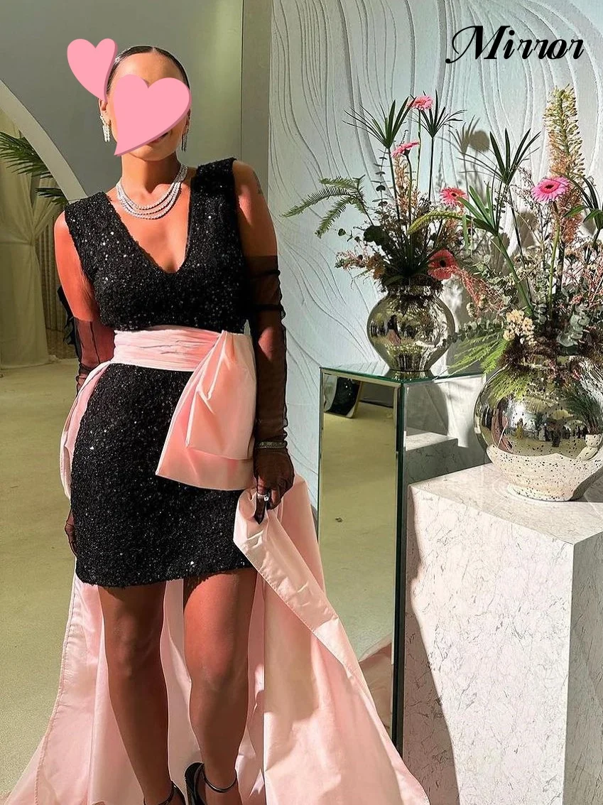 

Mirror Dress Elegant Vintage Sweet Sexy Black Pink Sequins Bow V-Neck Customize Formal Occasion Prom Dress Evening Party Gowns
