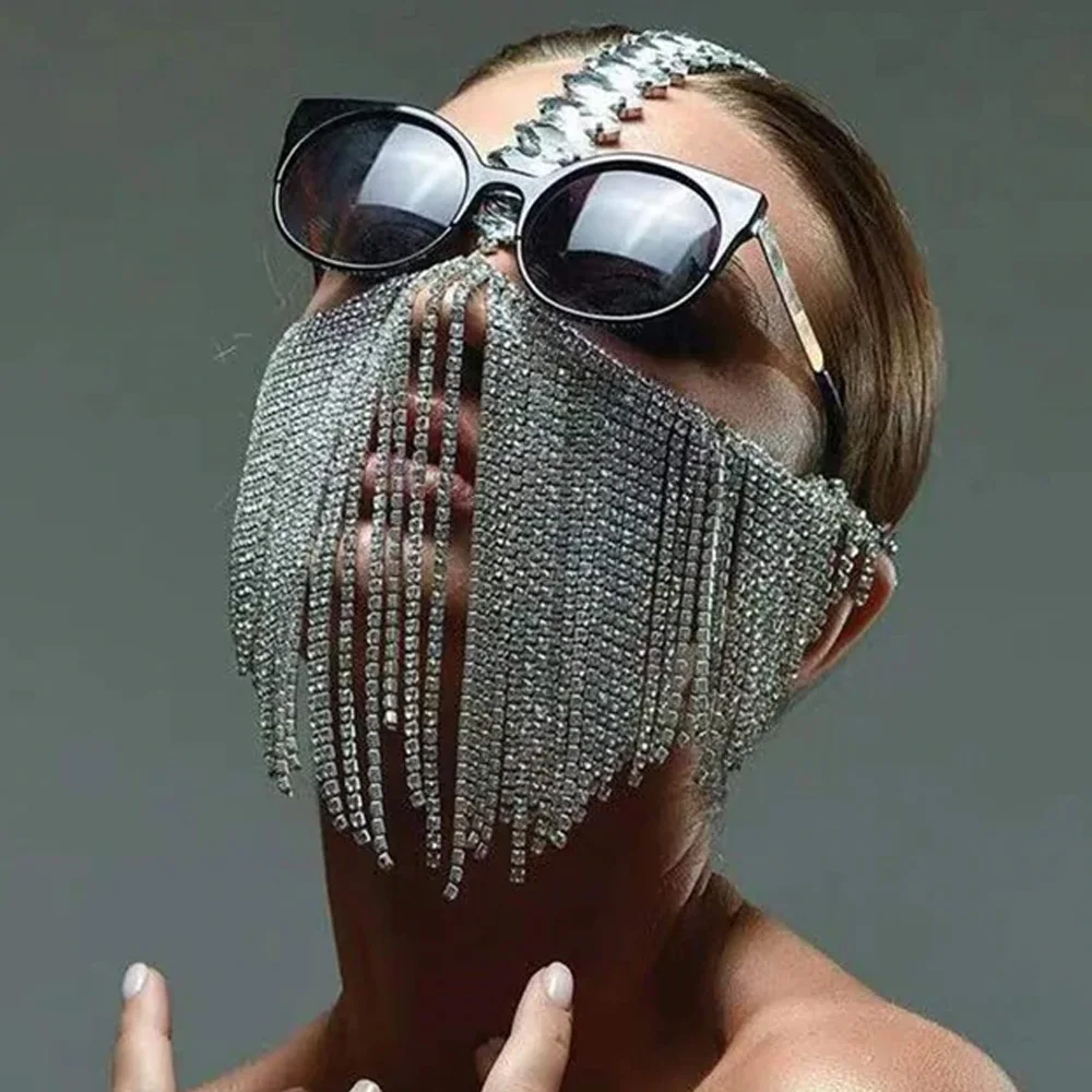 

Rhinestone Long Tassel Veil Mask Jewelry for Women Halloween Prom Crystal Full Face Masquerade Head Decor Face Mask