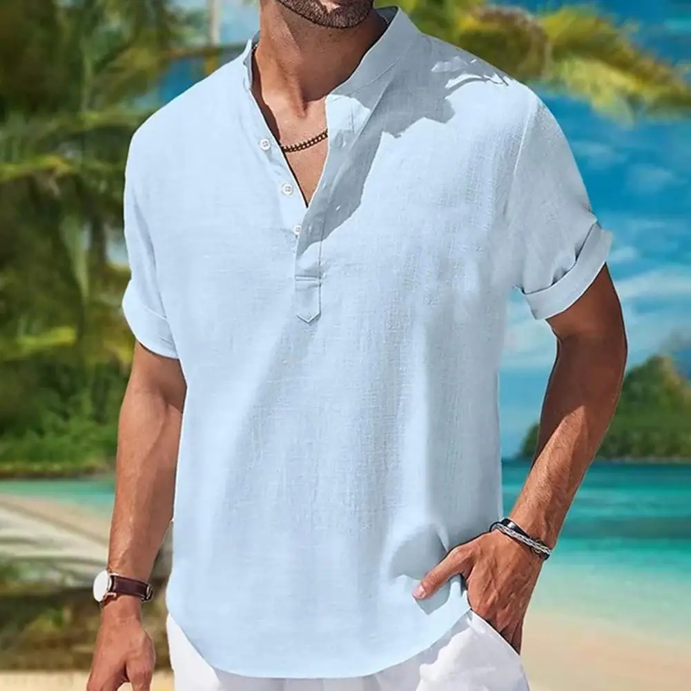 

2024 Summer Best-Selling Men's Henry Shirt Crewneck Button Short Sleeve Solid Color Slim-Fit Men's Clothing Sports Fitness Top