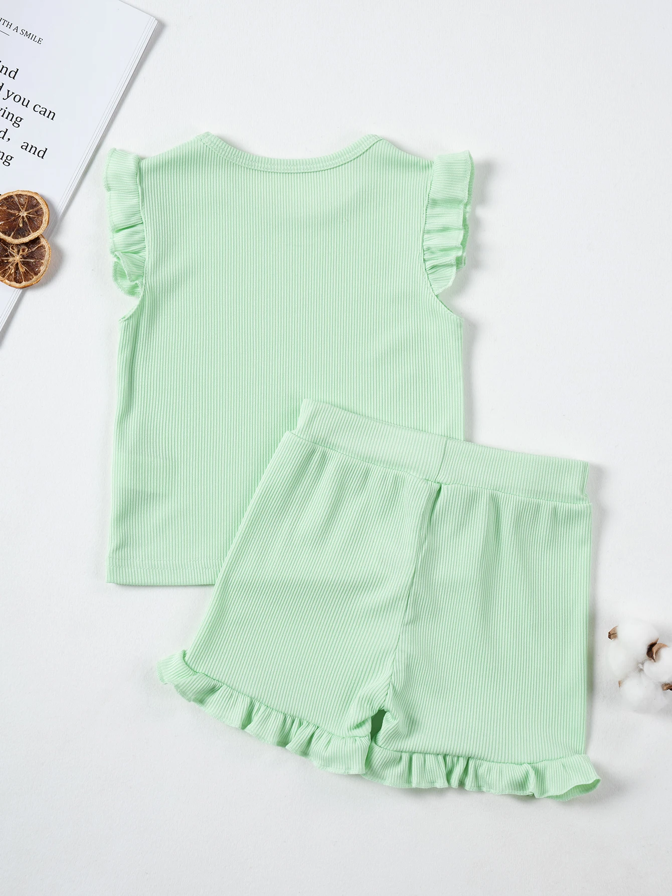 Sommer Einfarbig Kleinkind Ärmelloses Set Mädchen Dash Sleeve Top + Shorts Elastische Taille Kleidung Set 2 stücke Rüschen Kinder kleidung – Detail 24