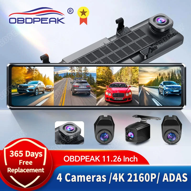 OBDPEAK A8 4CH 4K WIFI Dash Cam Rear View Mirror