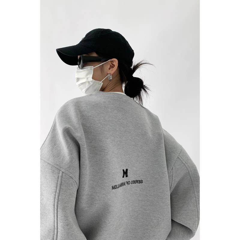 

Women Letter Embroidery Gray Sweatshirts Oversize Long Sleeve O Neck Loose Pullovers Female Streetwear Hoodies Tops Autumn 2022