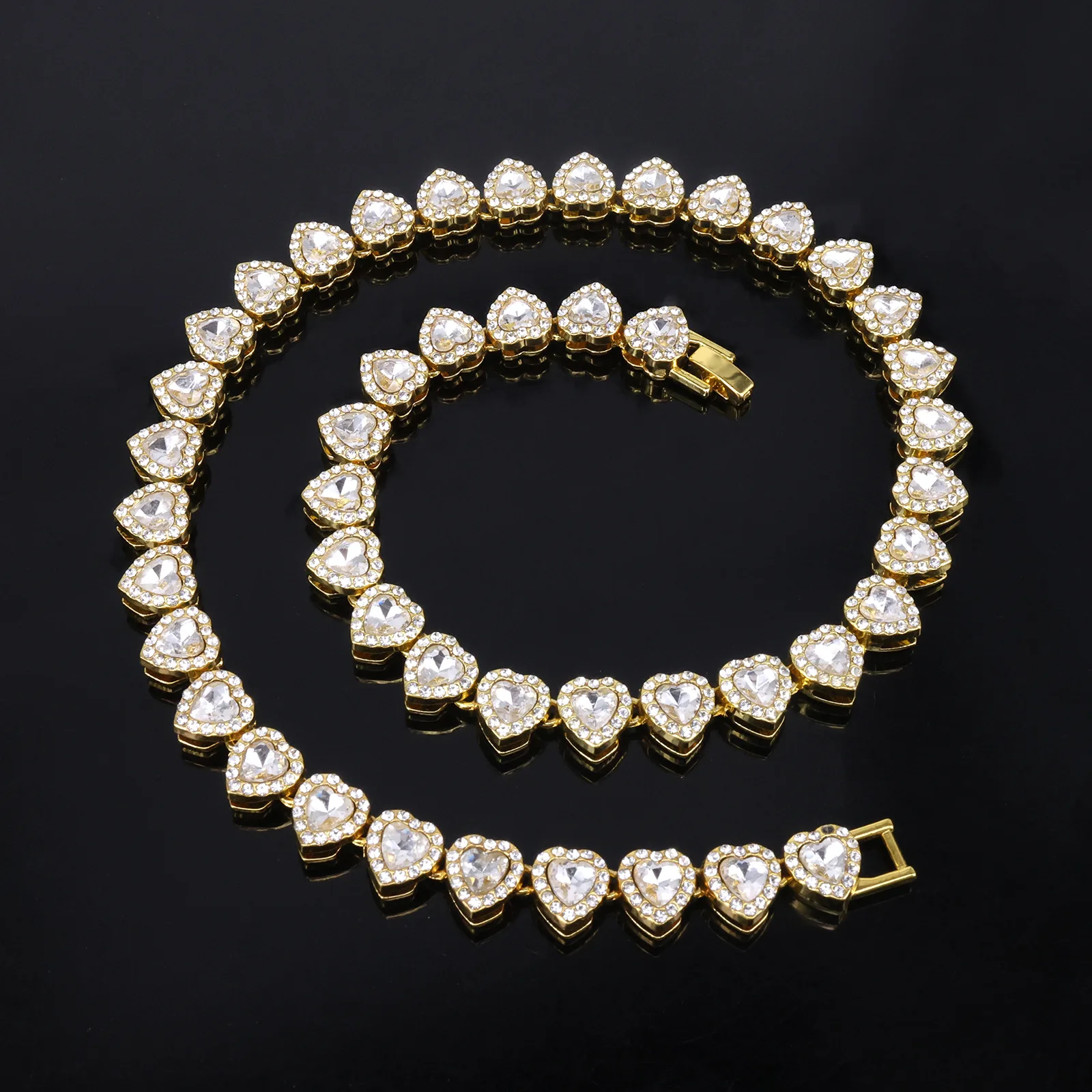 Yupsk 45CM/20CM Shiny Heart Rhinestone Hip Hop Rock Tennis Chain Bracelet Necklace for Women Men Trendy Jewelry Set Gift Image 9