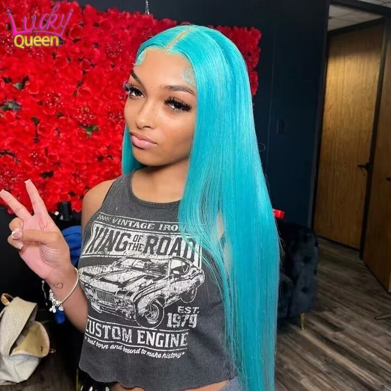 

Sky Blue Straight 13X6 Frontal Wig Pre Plucked 613 Blonde Color HD Transparent Lace Front 13X4 Frontal Human Hair Wig for Women