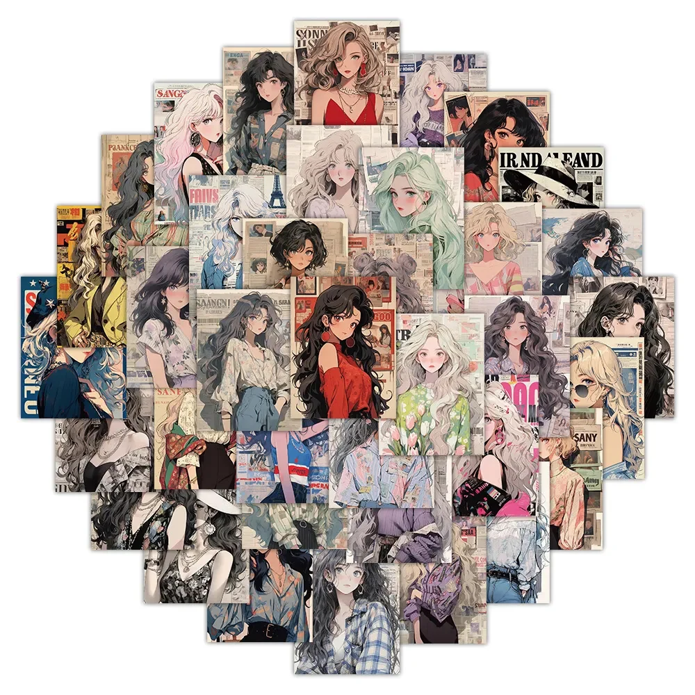 Pack of Vintage Anime Girls Waterproof Stickers – Decorative Retro Kawaii Decals for Laptop, Stationery, and Diary