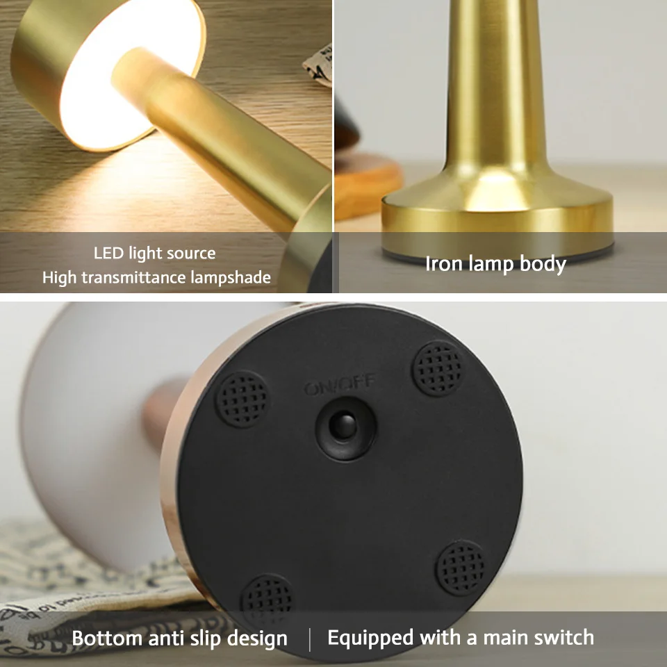 Portable Metal LED Table Lamp Table Lamp with Touch Sensor, Three Color Temperature Control Dimming, Rechargeable  Night Light