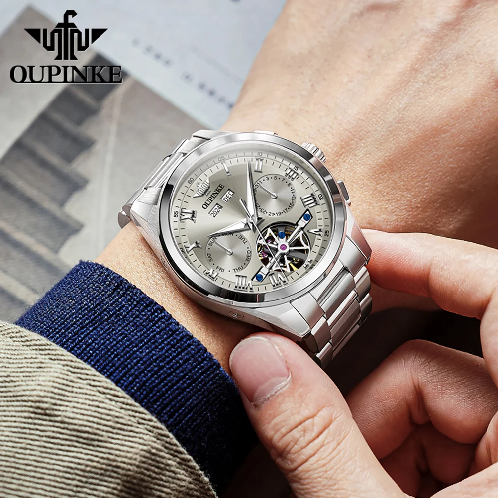OUPINKE 3281 Watch For Men Top Brand Fashion Hollow Automatic Dress Wristwatch Week Date Display Waterproof Mechanical Man Watch