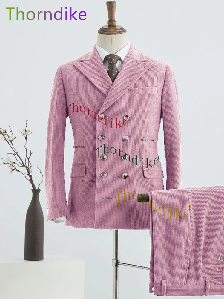Thorndike Lilac Corduroy Mens Tuxedos Peaked Lapel Casual Party Prom Suit 2 Pieces Set Young Men Wear Blazer Pants For Groommen
