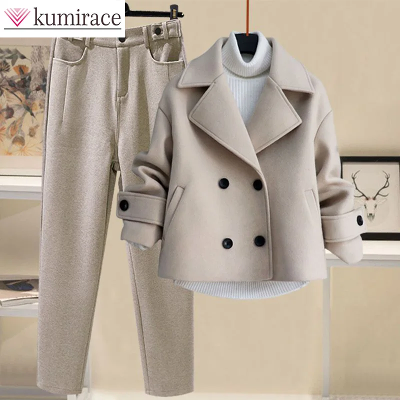 Autumn and Winter Temperament Women's High Neck Bottom Sweater Suit Windbreaker Coat Slim Fit Woolen Pants Three Piece Set Pants