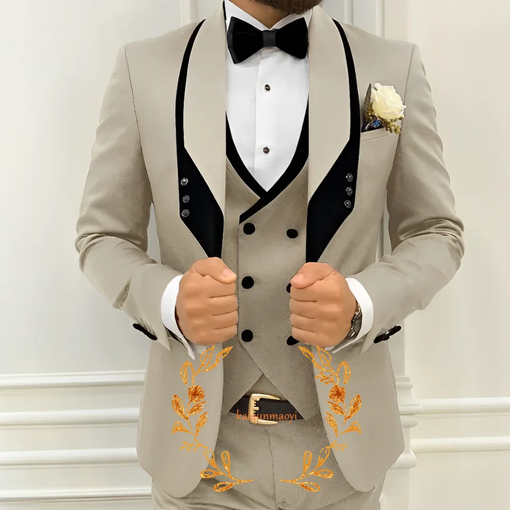 

Khaki Groom Wedding Tuxedo Elegant Men's 3-piece Suit Set Jacket Pants Vest Tie Slim Fit Outfit Custom Male Dress