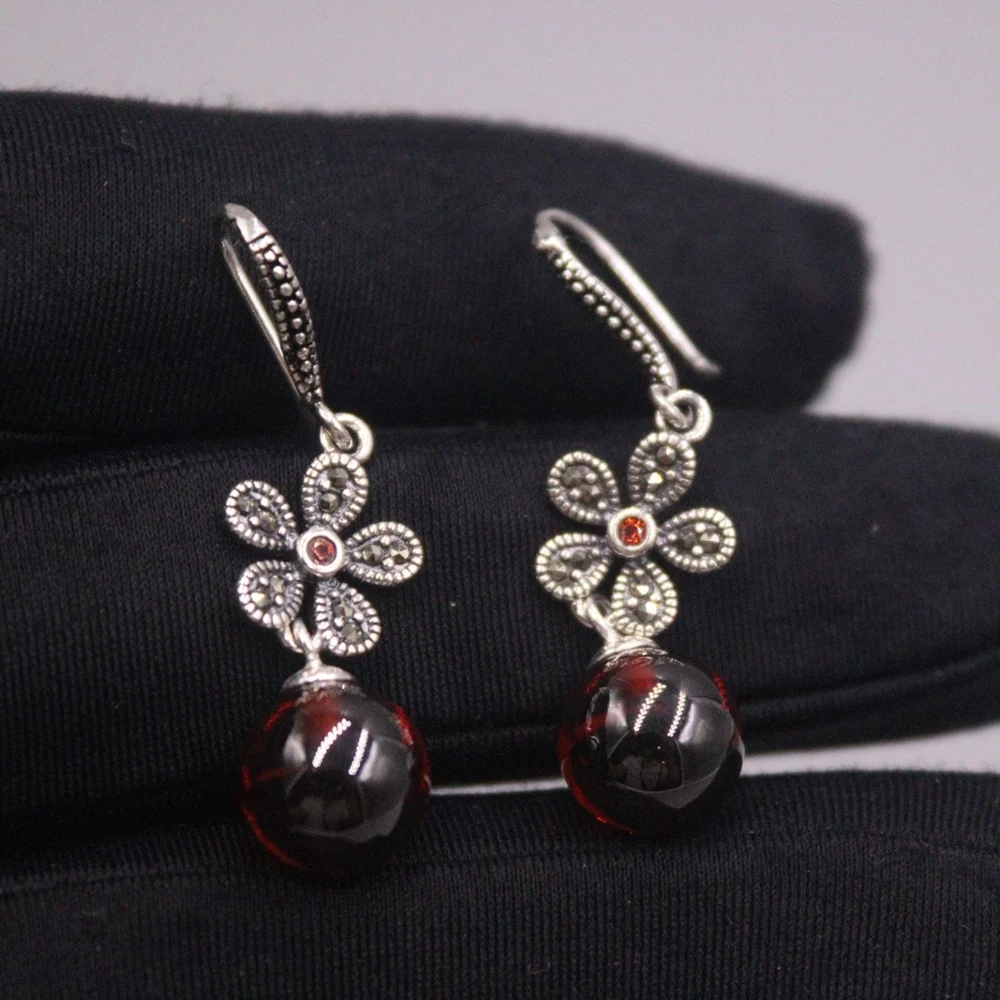 

Real Solid 925 Sterling Silver Dangle Women Lucky Gift Red Garnet Ball Flower Earrings