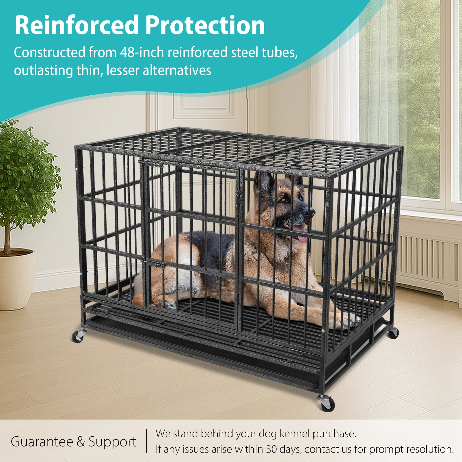 Dog Crate Cage Kennel Reinforced Baseplate Metal Kennel Playpen 48inch with 2 Removable Tray for High Anxiety Medium/Small Dogs
