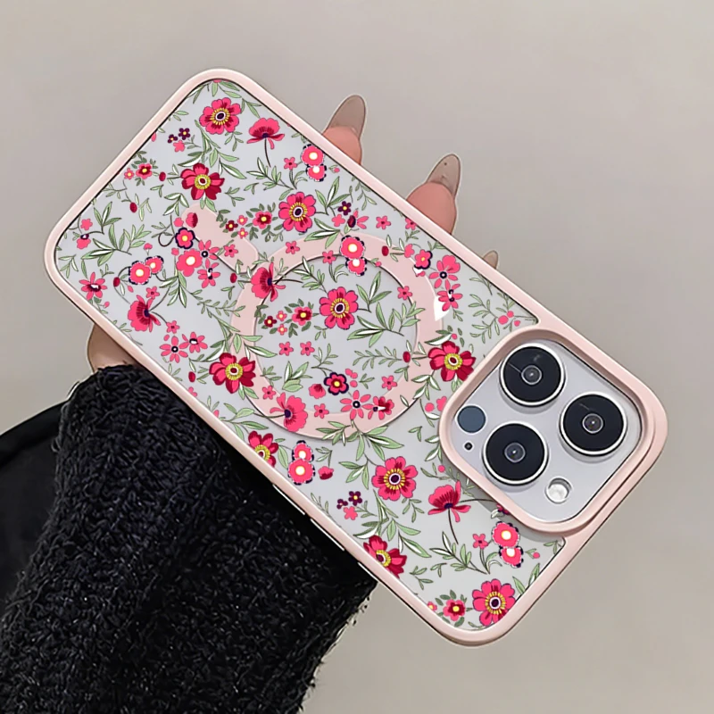 Magnetic Clear Phone Case with Green Leaf & Pink Floral Design